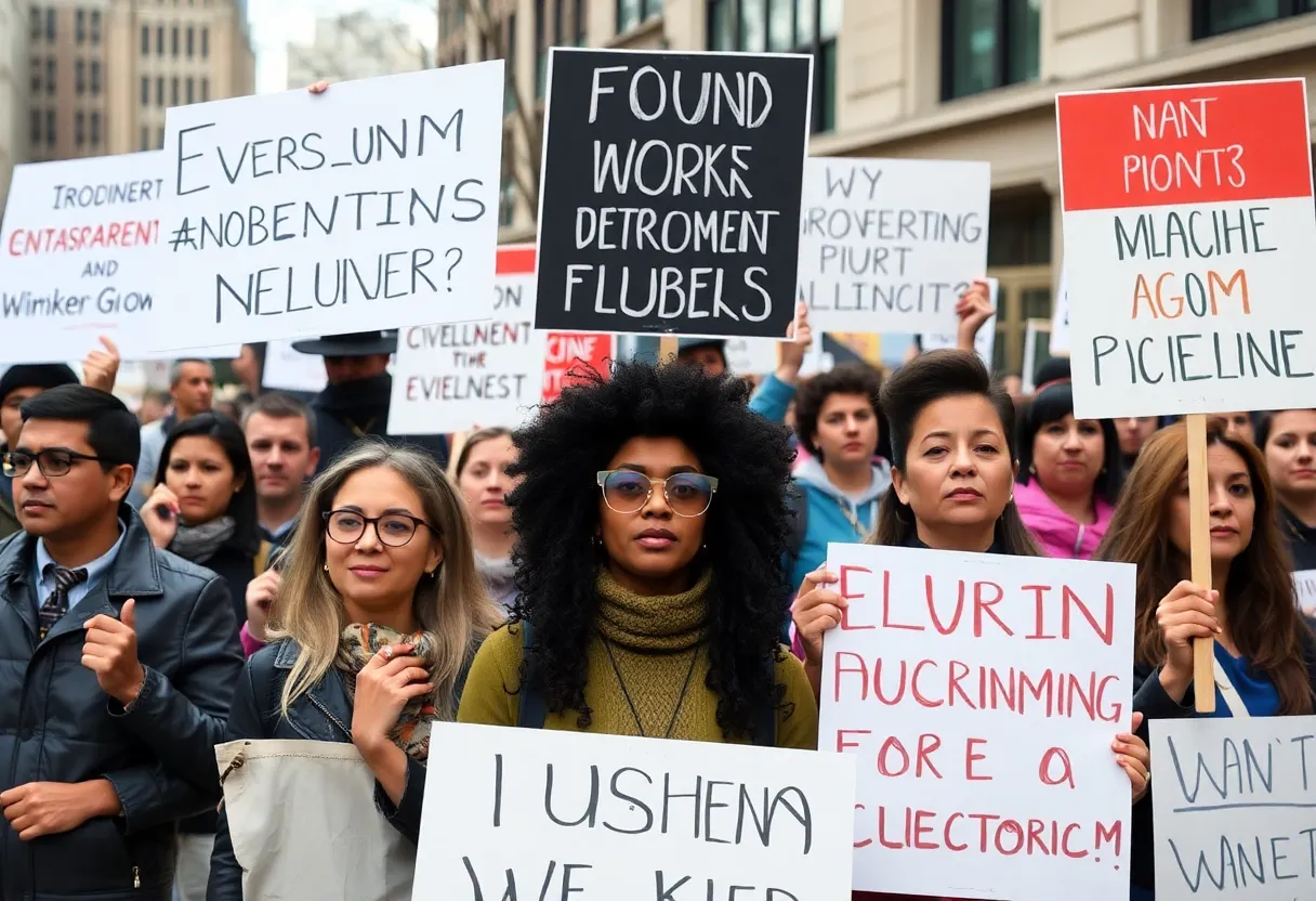 Demonstrators in Asheville holding protest signs regarding government access issues.