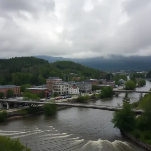 Cloudy skies over Asheville with rain and rivers overflowing.