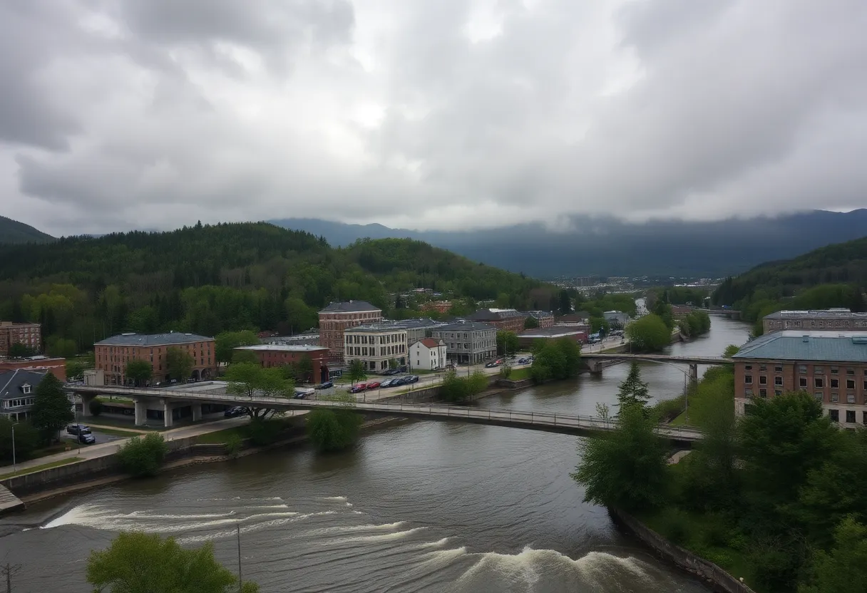 Cloudy skies over Asheville with rain and rivers overflowing.