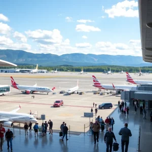 Exterior view of Asheville Regional Airport bustling with travelers.