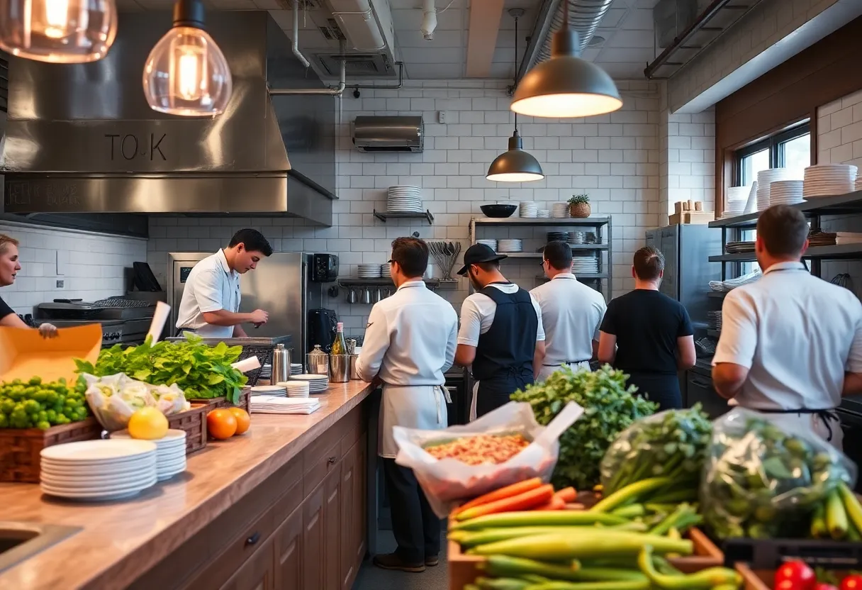 Chefs collaborating in a vibrant Asheville restaurant kitchen