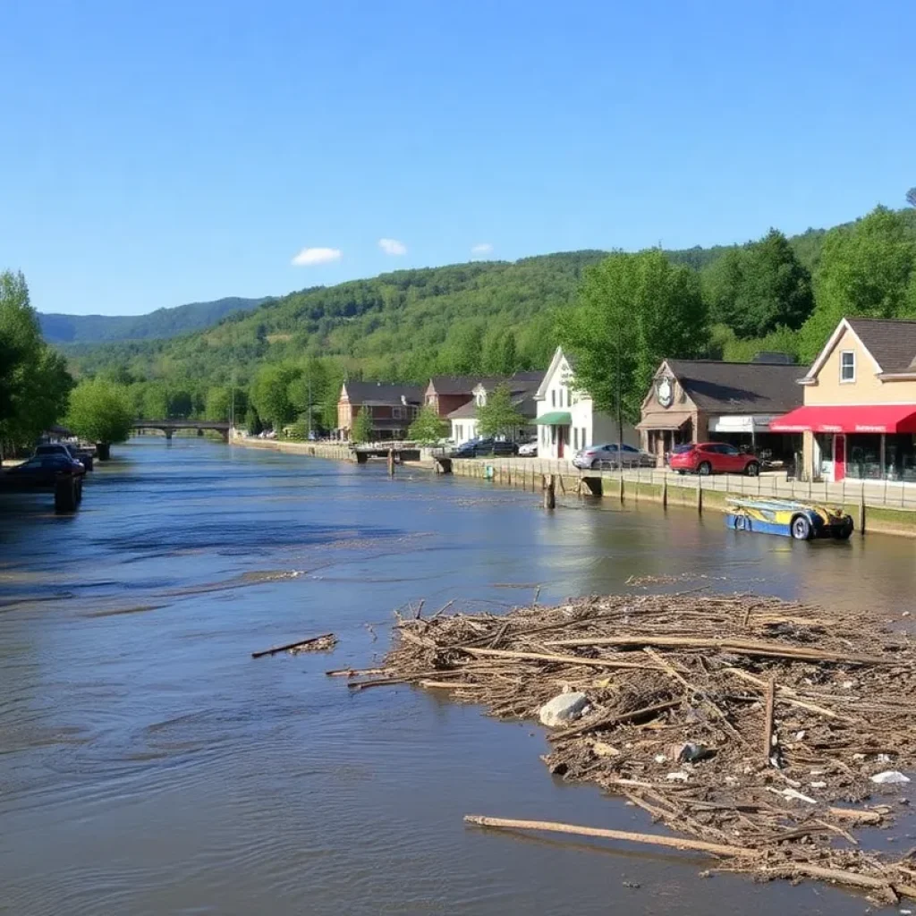 Flood-affected riverside businesses near the French Broad River in Asheville.