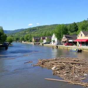 Flood-affected riverside businesses near the French Broad River in Asheville.
