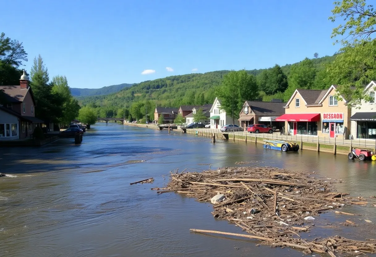 Flood-affected riverside businesses near the French Broad River in Asheville.