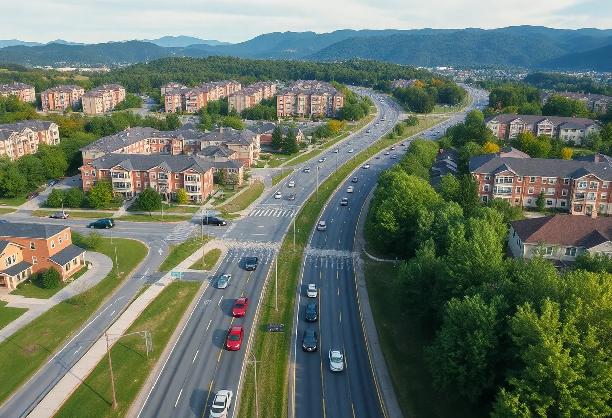 Congested road in Asheville NC with apartment complexes
