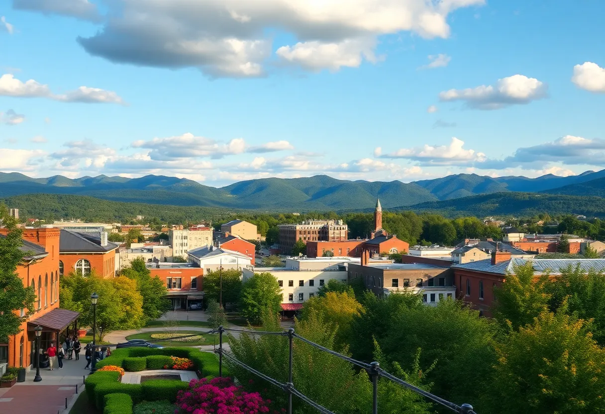 A scenic view of Asheville and Winston-Salem with mountains and gardens