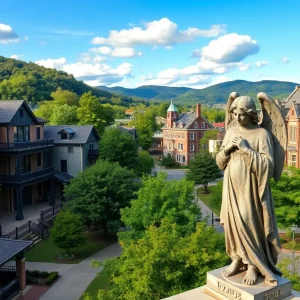 Scenic view of Asheville, North Carolina, featuring an angel statue.