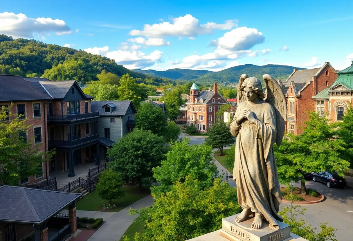 Scenic view of Asheville, North Carolina, featuring an angel statue.
