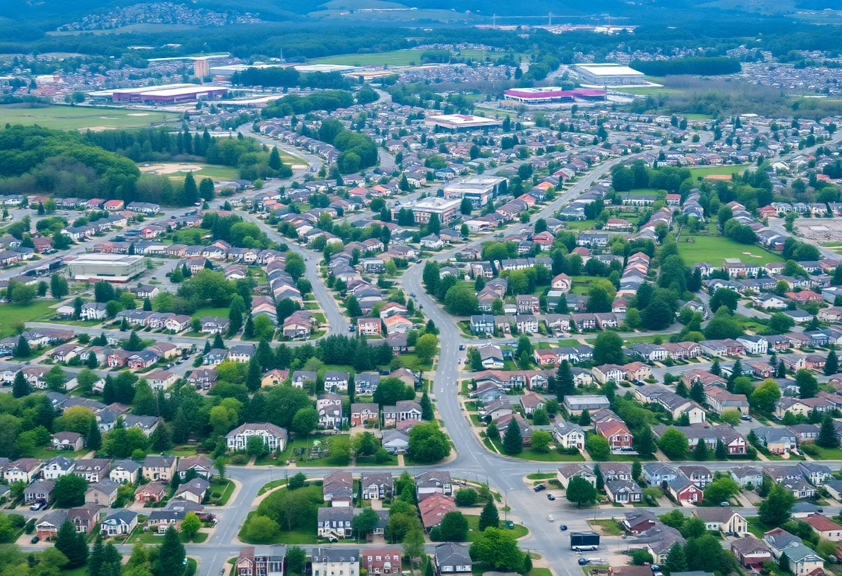 Aerial view of Asheville showcasing diverse housing amidst greenery.