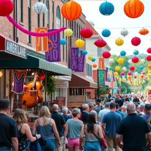 Festival atmosphere in Asheville with vendors and crowd enjoying music