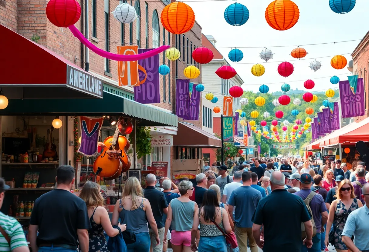 Festival atmosphere in Asheville with vendors and crowd enjoying music