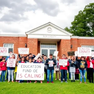 Students and teachers rallying for education funding in front of a school in Buncombe County.
