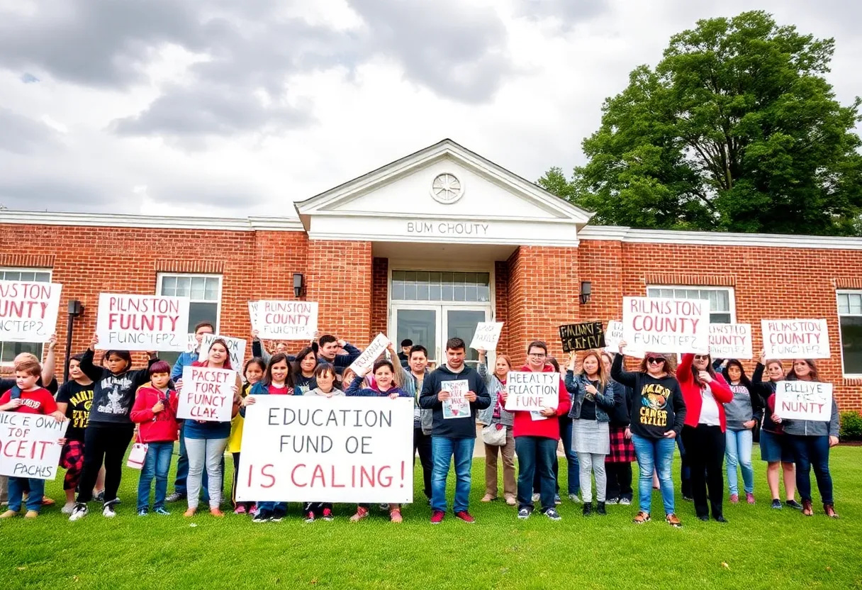 Students and teachers rallying for education funding in front of a school in Buncombe County.