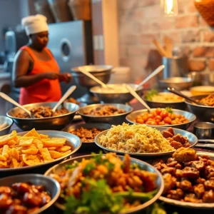 A table filled with colorful Southern dishes representing Black culinary influence.