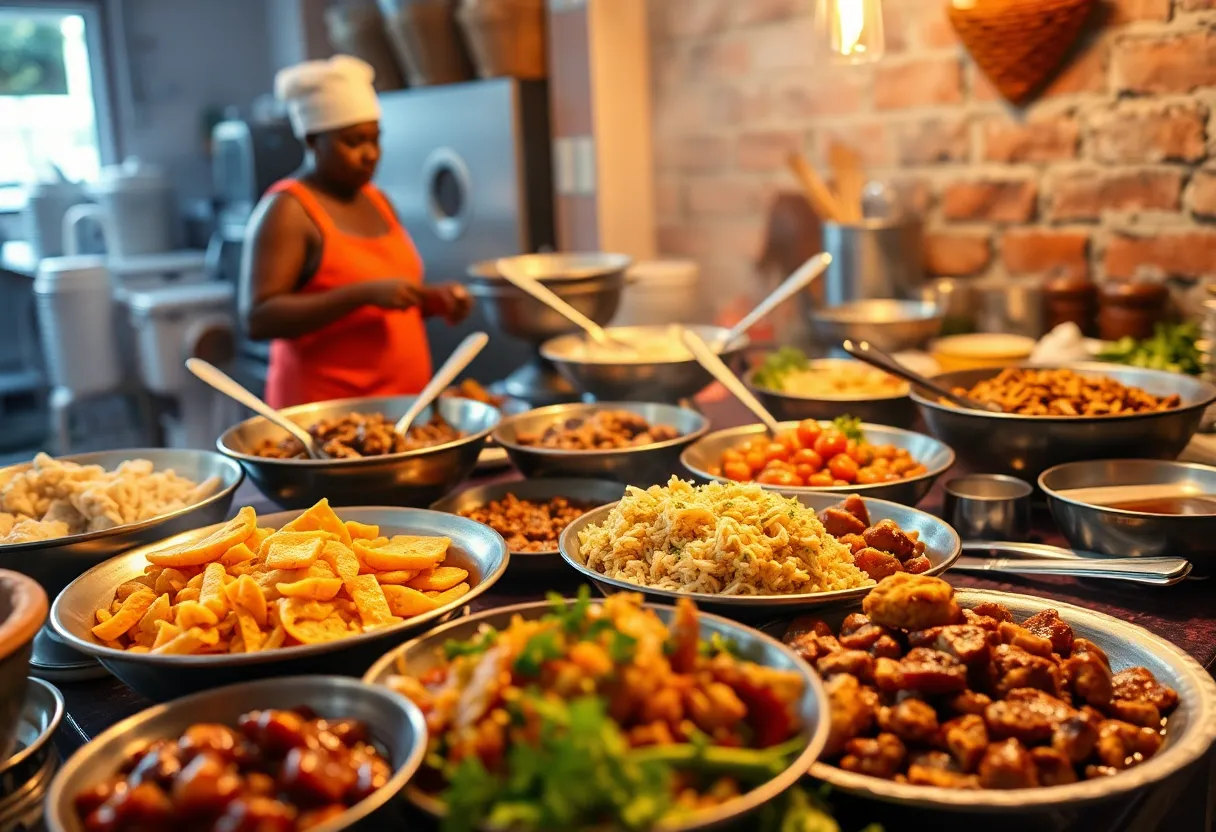 A table filled with colorful Southern dishes representing Black culinary influence.