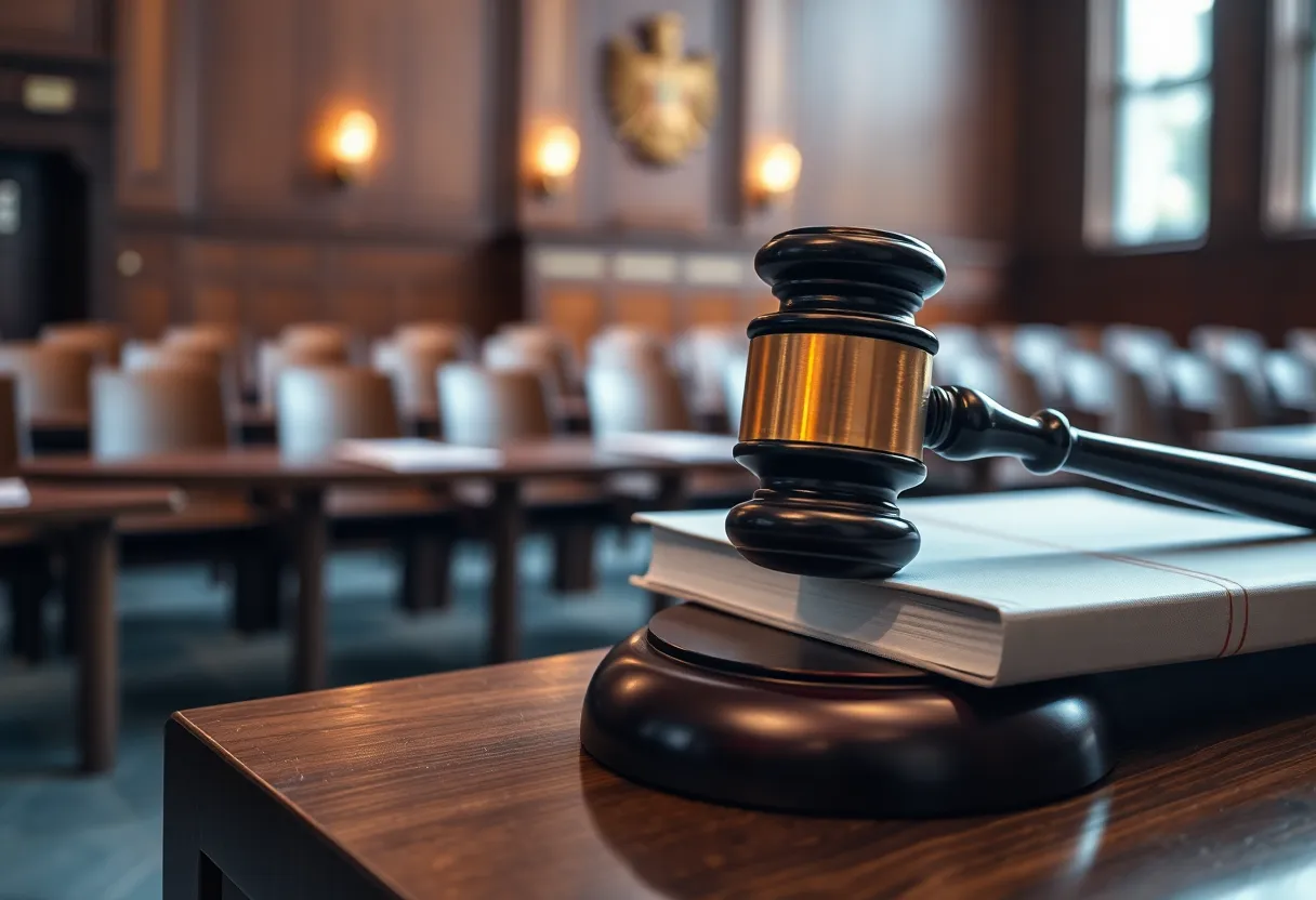 Courtroom setting reflecting on a serious legal case