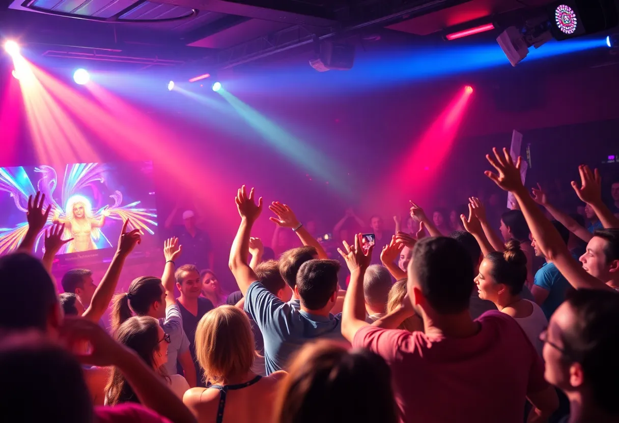 A lively farewell celebration at Scandals Nightclub with colorful lights and performers.