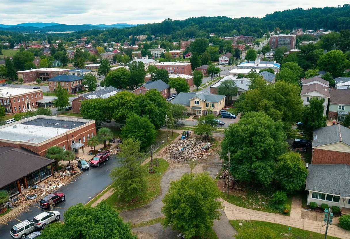 Recovery workers clearing debris in Asheville, NC post-Hurricane Helene