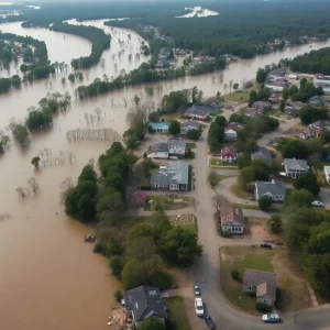 Aerial view of flood damage in Western North Carolina after Hurricane Helene