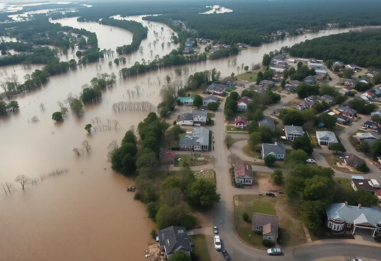 Aerial view of flood damage in Western North Carolina after Hurricane Helene