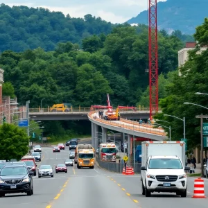 Construction of the I-26 Connector in Asheville, showcasing machinery and workers.