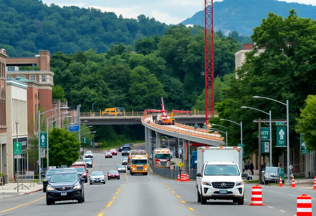 Construction of the I-26 Connector in Asheville, showcasing machinery and workers.