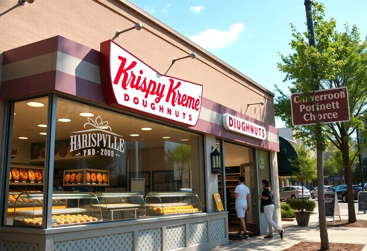 Krispy Kreme doughnut shop in Asheville, North Carolina, bustling with customers.