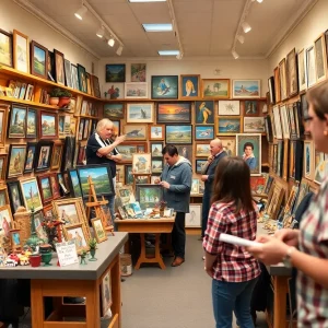 Miniature artworks displayed in Asheville's gallery.