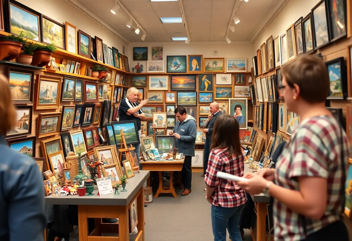 Miniature artworks displayed in Asheville's gallery.