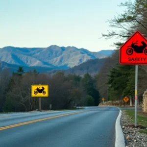 Warning signs for motorcycle safety along a road in Asheville, N.C.
