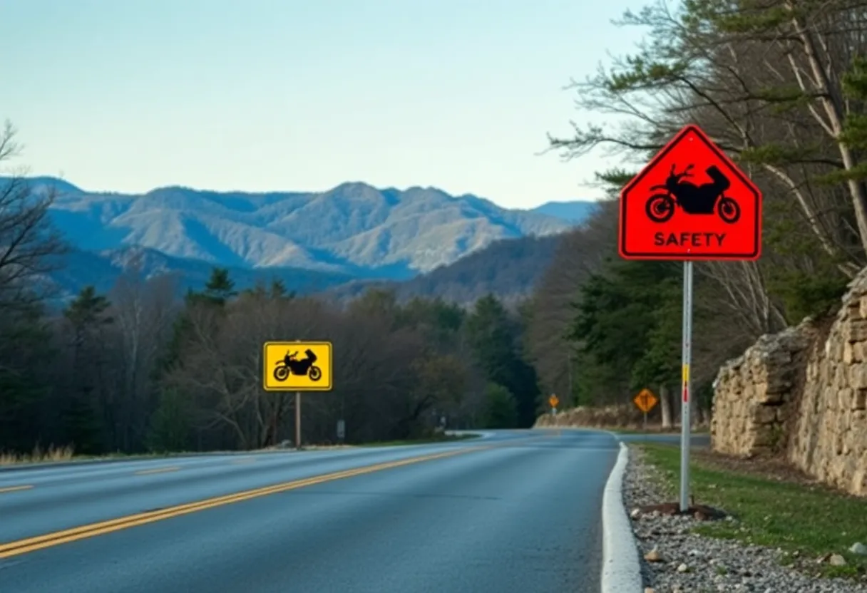 Warning signs for motorcycle safety along a road in Asheville, N.C.