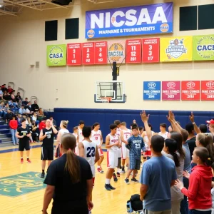 Excited fans and players at the NCISAA basketball tournament