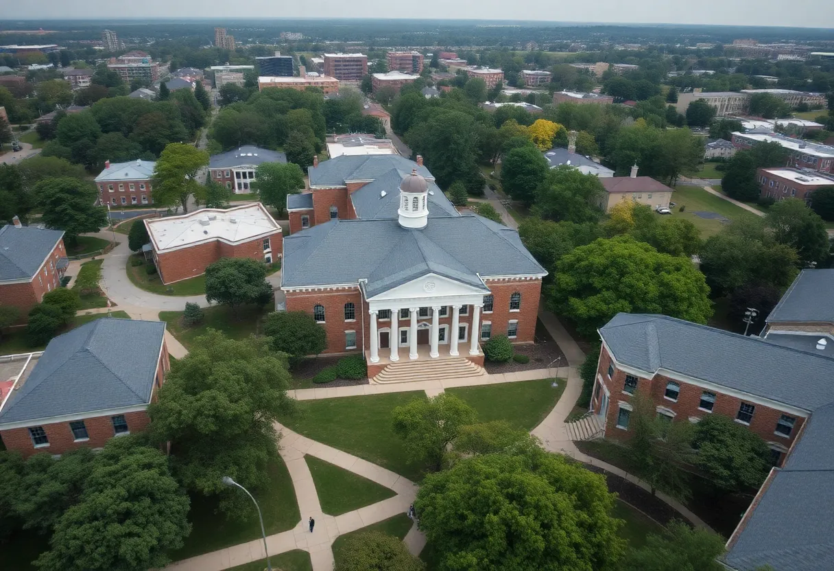 Aerial view of North Carolina universities with students on campus after Hurricane Helene.