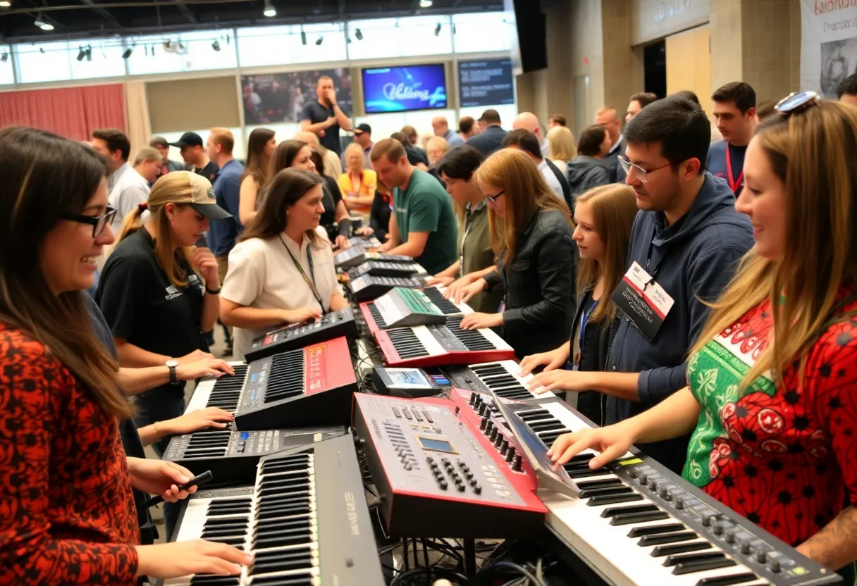 Community members participating in the Oberheim Matrix synthesizer raffle in Asheville.