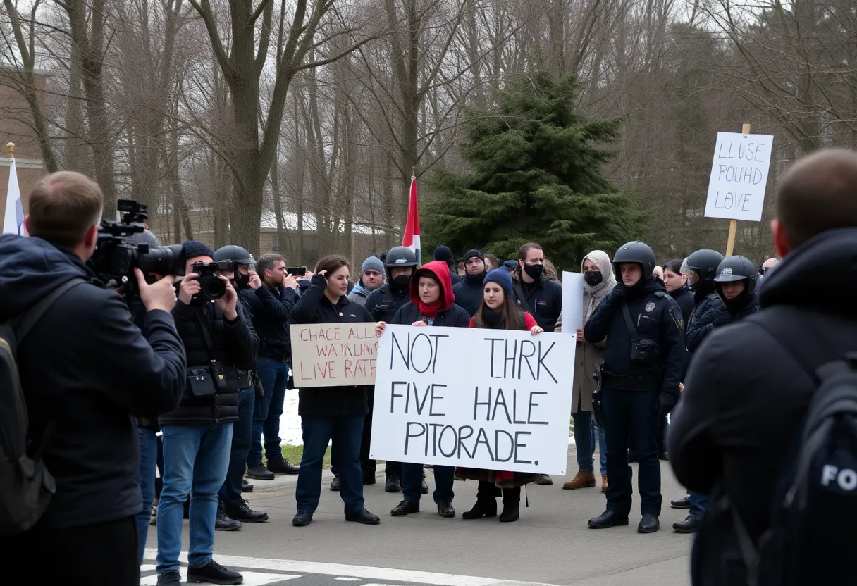 A protest scene in Asheville's Aston Park with journalists and police.