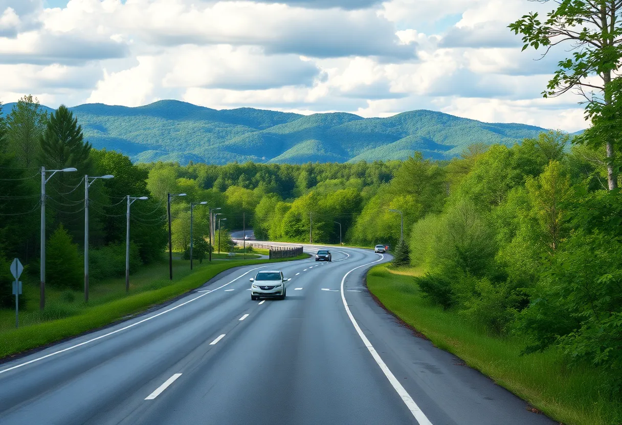 A view of Swannanoa River Road, now open with traffic, surrounded by nature.