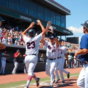 Tennessee baseball players celebrating a win at a game