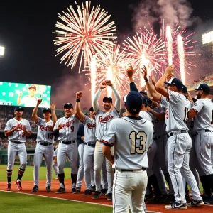Tennessee baseball players celebrating a big win