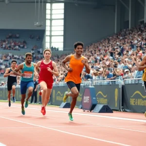 Track and field event with athletes competing energetically