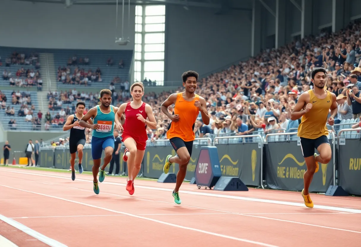 Track and field event with athletes competing energetically