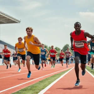 Athletes competing in a vibrant track and field event