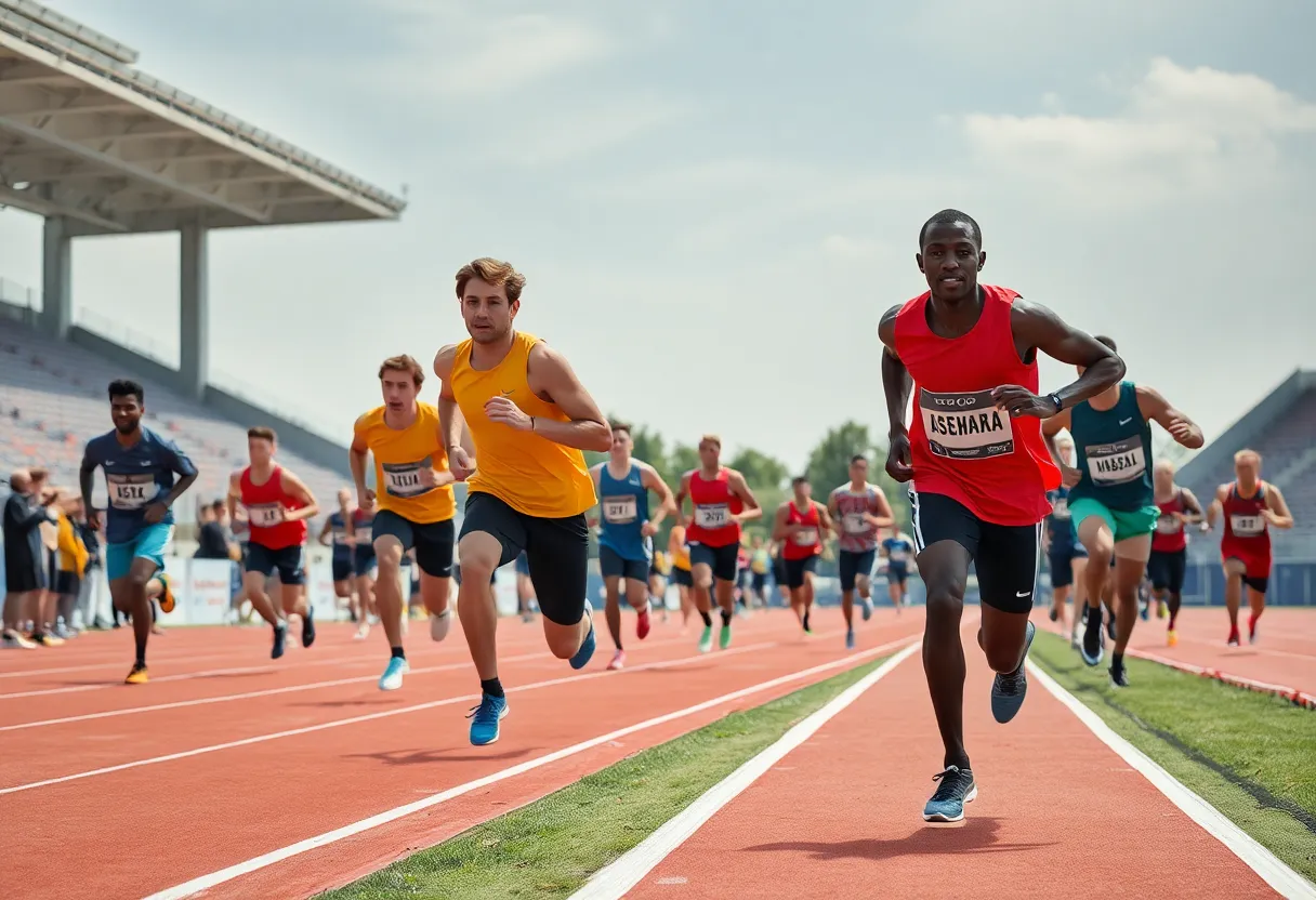 Athletes competing in a vibrant track and field event