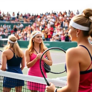 Players competing in a women's tennis match with cheering fans in the background.