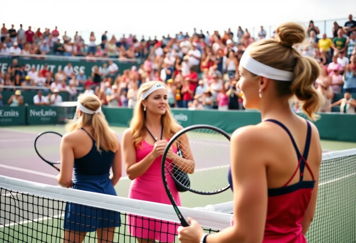 Players competing in a women's tennis match with cheering fans in the background.