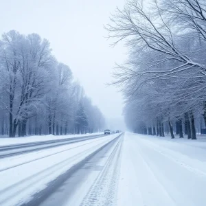 Snowy winter landscape in the Carolinas with a storm warning