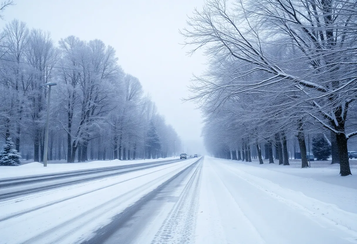 Snowy winter landscape in the Carolinas with a storm warning