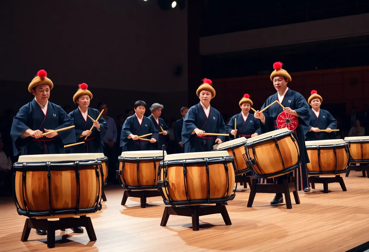 Yamato Drummers performing Taiko drumming at the Wortham Center.
