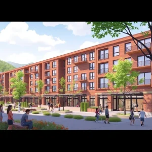 Illustration of an affordable housing complex in downtown Asheville