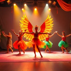 Dancers performing in the Appalachian Phoenix event, showcasing vibrant costumes and a phoenix sculpture.