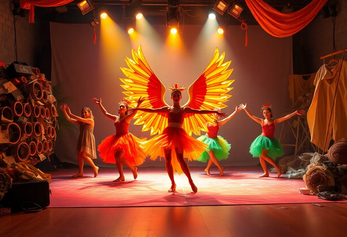 Dancers performing in the Appalachian Phoenix event, showcasing vibrant costumes and a phoenix sculpture.